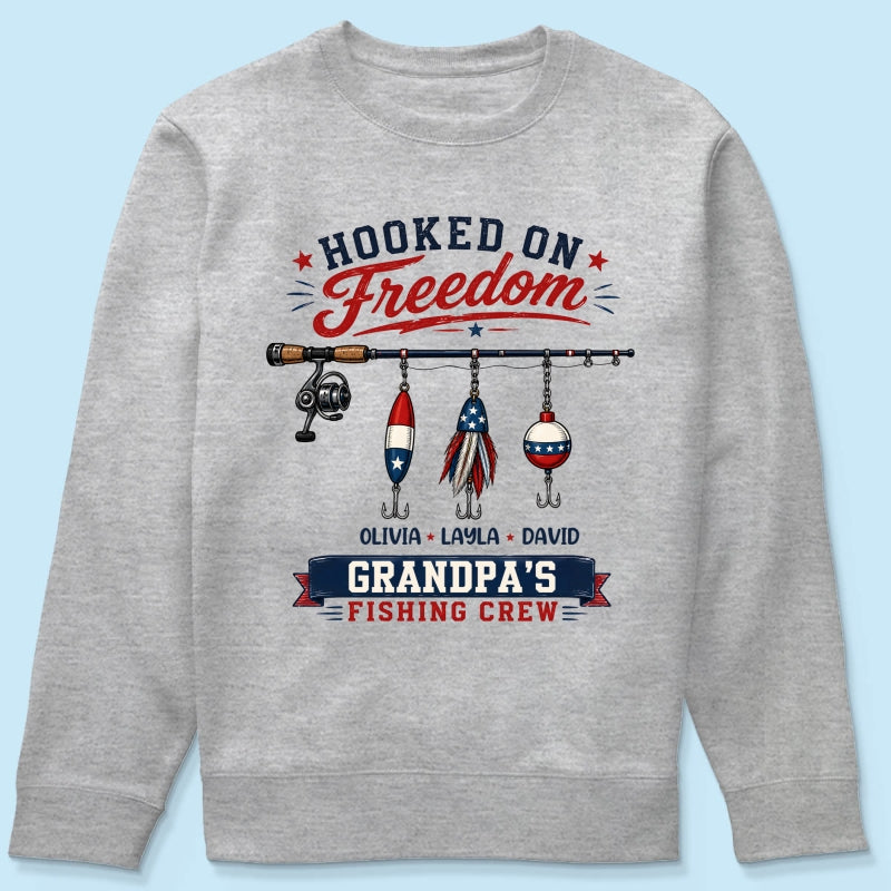 Fishing Grandpa Hooked on Freedom - Personalized Shirt - 250th Anniversary Patriot Shirt