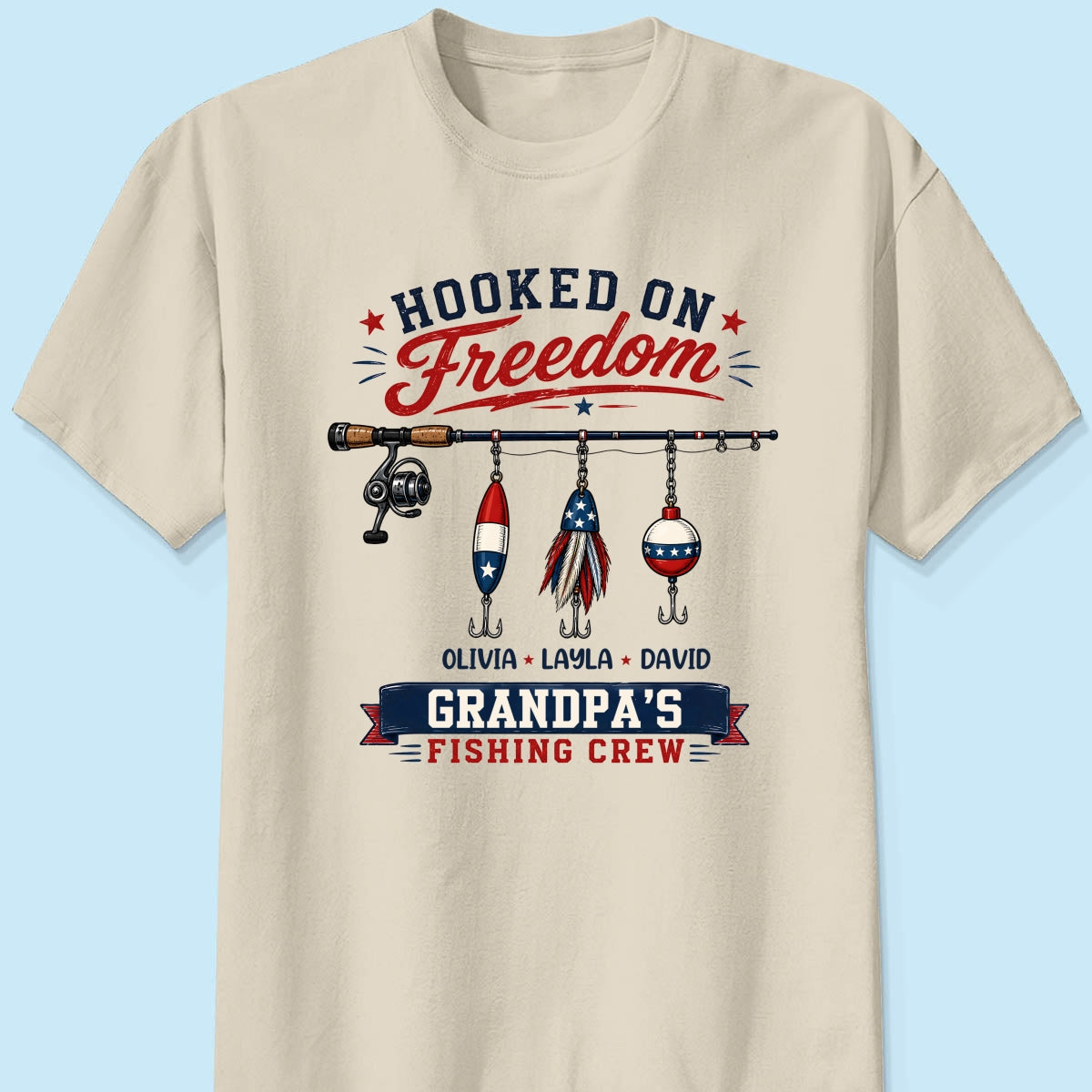 Fishing Grandpa Hooked on Freedom - Personalized Shirt - 250th Anniversary Patriot Shirt