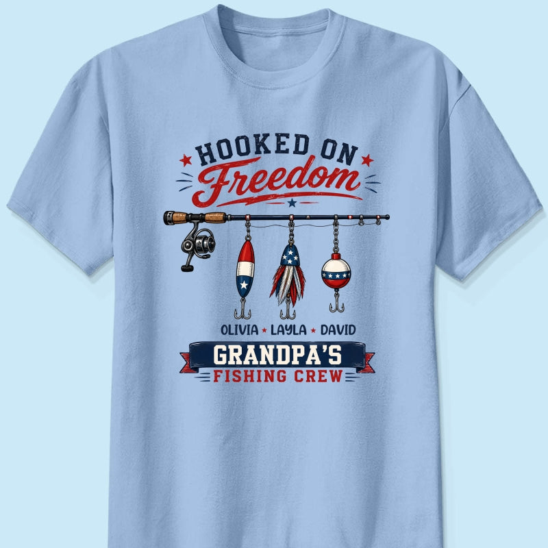 Fishing Grandpa Hooked on Freedom - Personalized Shirt - 250th Anniversary Patriot Shirt