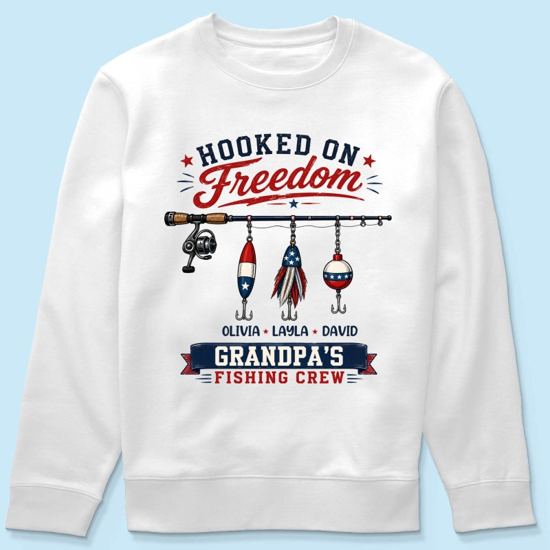 Fishing Grandpa Hooked on Freedom - Personalized Shirt - 250th Anniversary Patriot Shirt