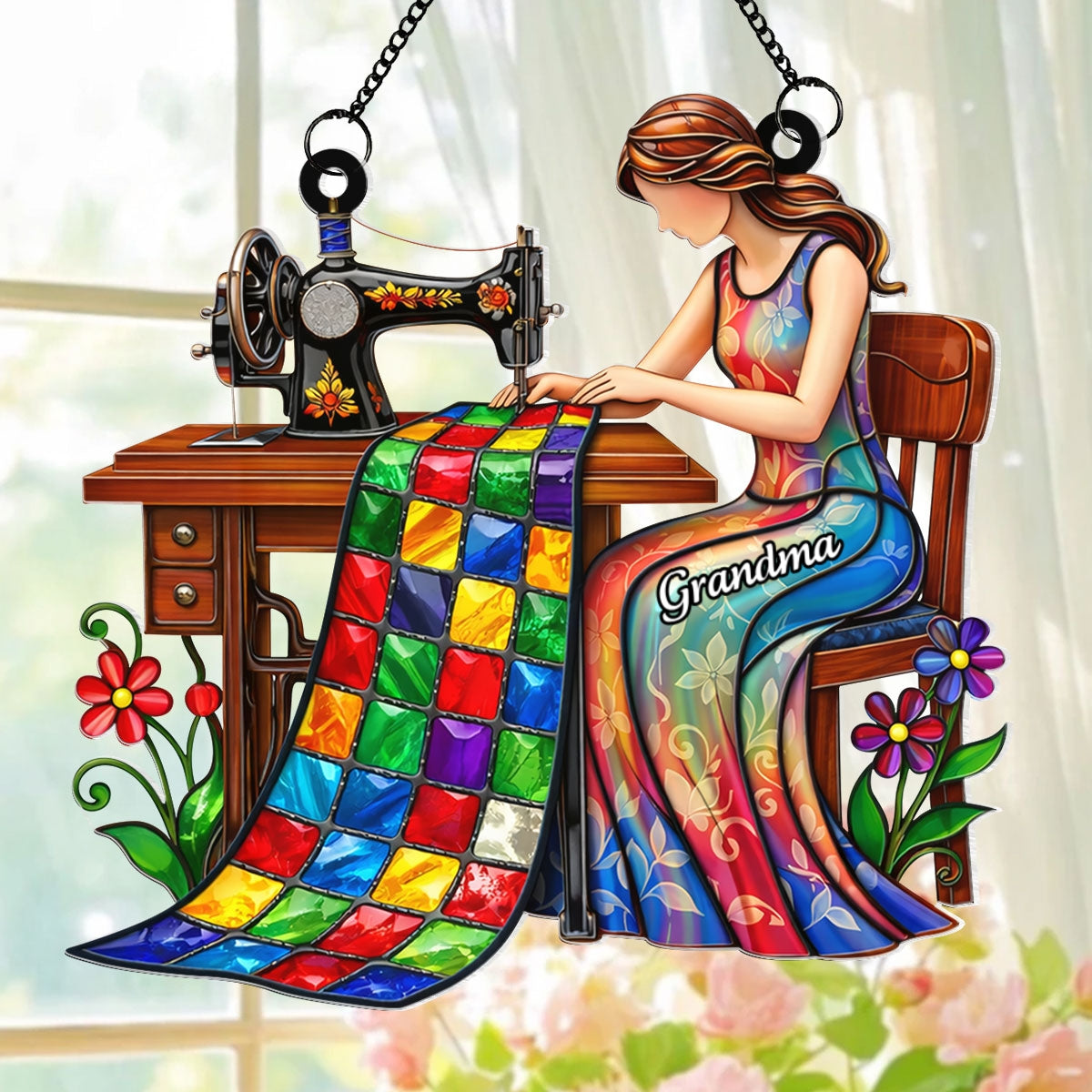 Mom Grandma Sewing Colorful Quilt - Personalized Suncatcher - Gift For Mom, Grandma