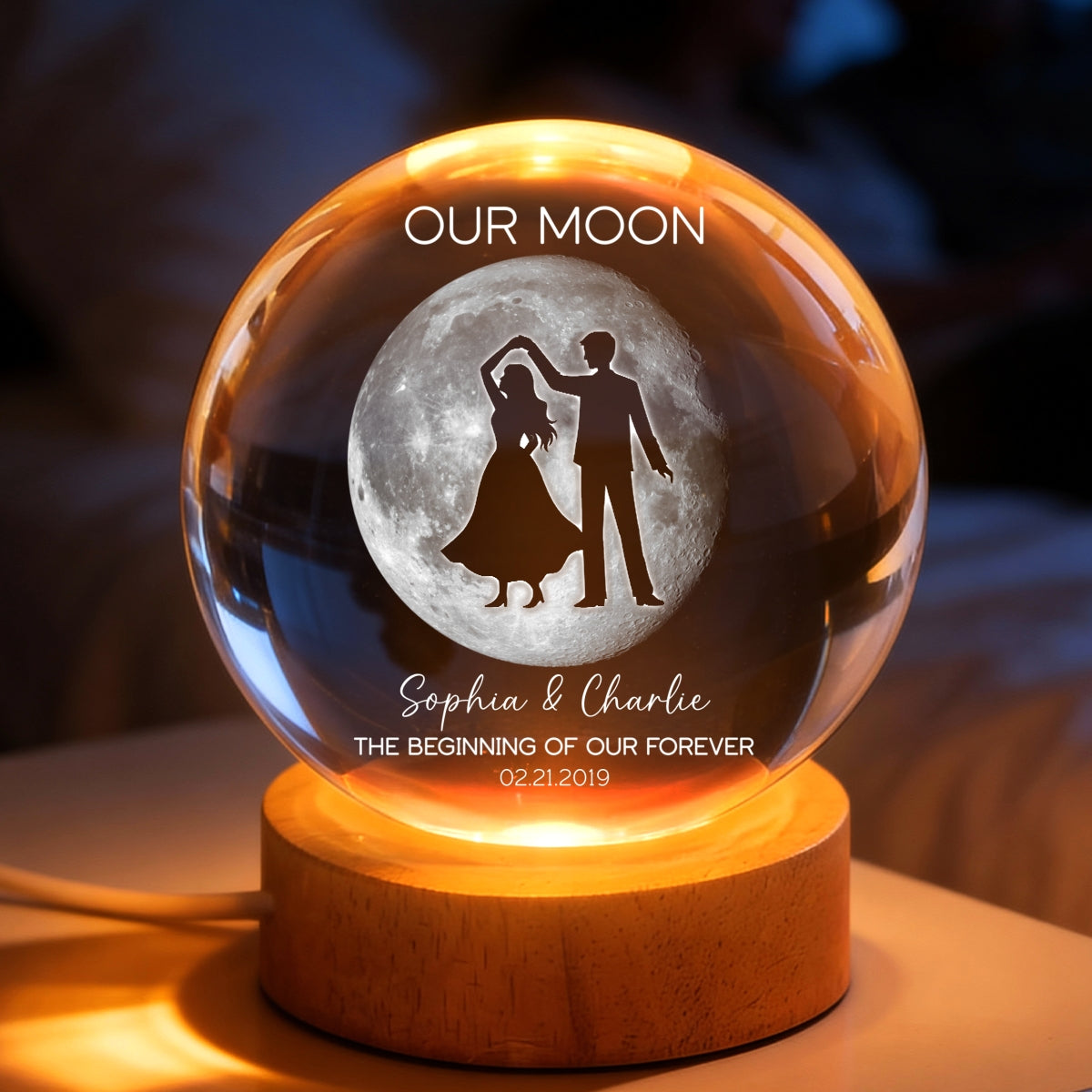 Couple Dancing in the Moonlight, Custom Moon Phase by Date - Personalized Crystal Ball LED Night Light, Sentimental Valentine's Day Gift for Her, for Him
