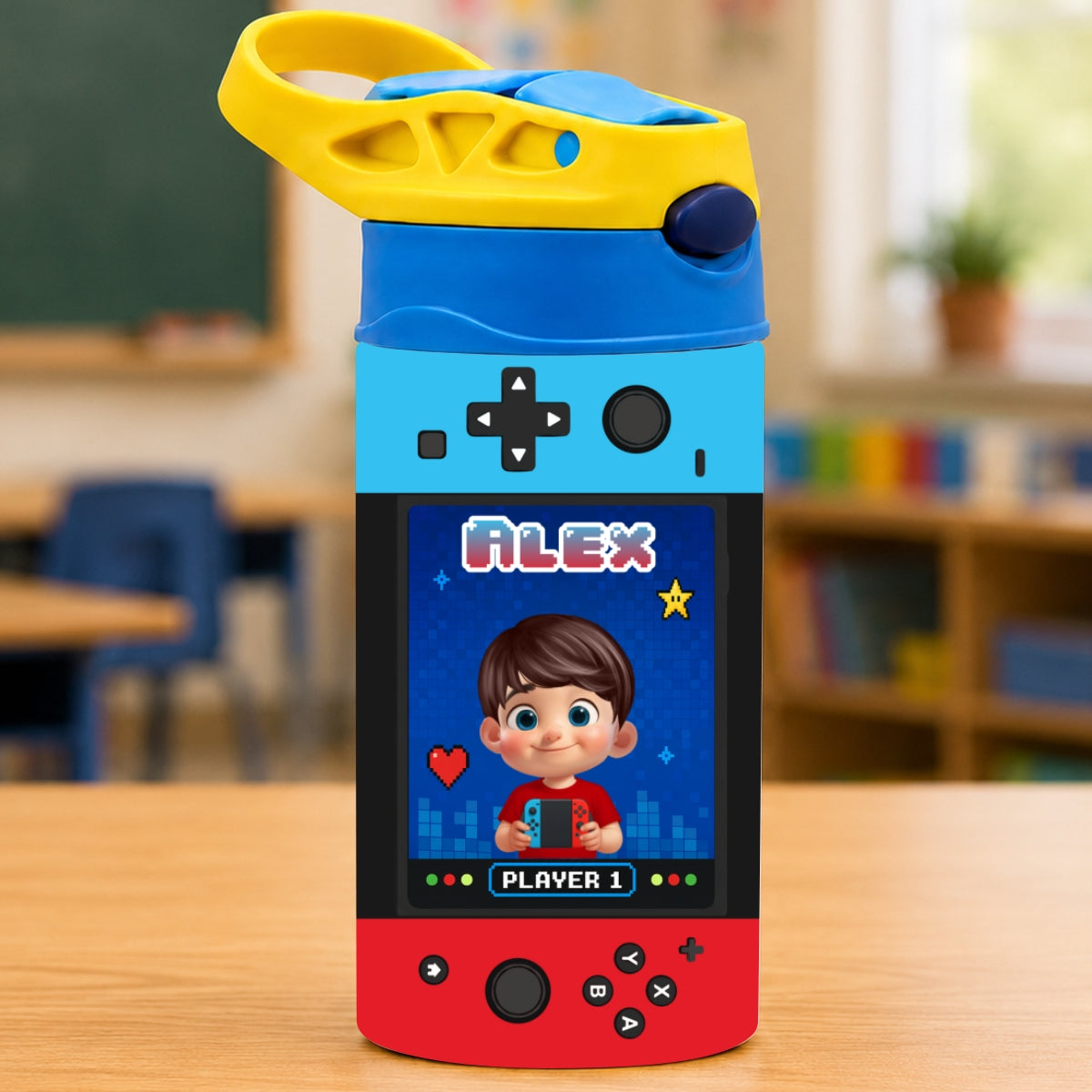 Gaming Controller Theme Cute Gamer Kid - Personalized Kid Insulated Water Bottle - Stainless Steel Toddler Cups with Straws, BPA Free, Leak-Proof