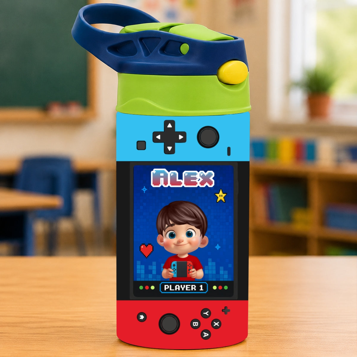 Gaming Controller Theme Cute Gamer Kid - Personalized Kid Insulated Water Bottle - Stainless Steel Toddler Cups with Straws, BPA Free, Leak-Proof
