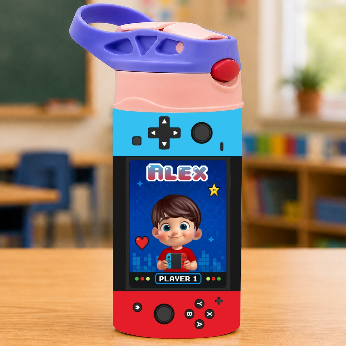 Gaming Controller Theme Cute Gamer Kid - Personalized Kid Insulated Water Bottle - Stainless Steel Toddler Cups with Straws, BPA Free, Leak-Proof