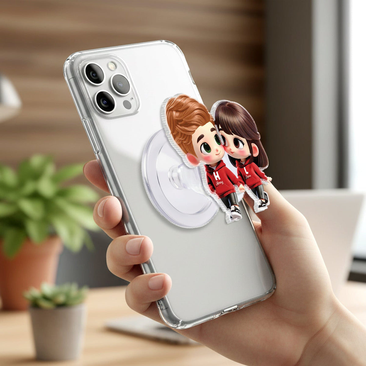 3D Effect Cute Cartoon Couple Holding Hands - Personalized Acrylic Magnetic Phone Grip - Matching Phone Grips for Couples