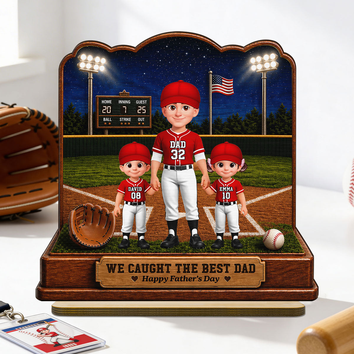 Baseball Dad And Kids Friday Night Lights We Caught The Best Dad - Personalized 2-Layered Wooden Plaque -  Gift For Dad