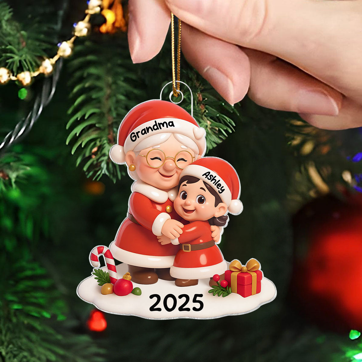 Santa Grandma Hugging Grandkid 3D Effect Personalized Acrylic Ornament, Christmas Gift for Grandson, Granddaughter, Grandma