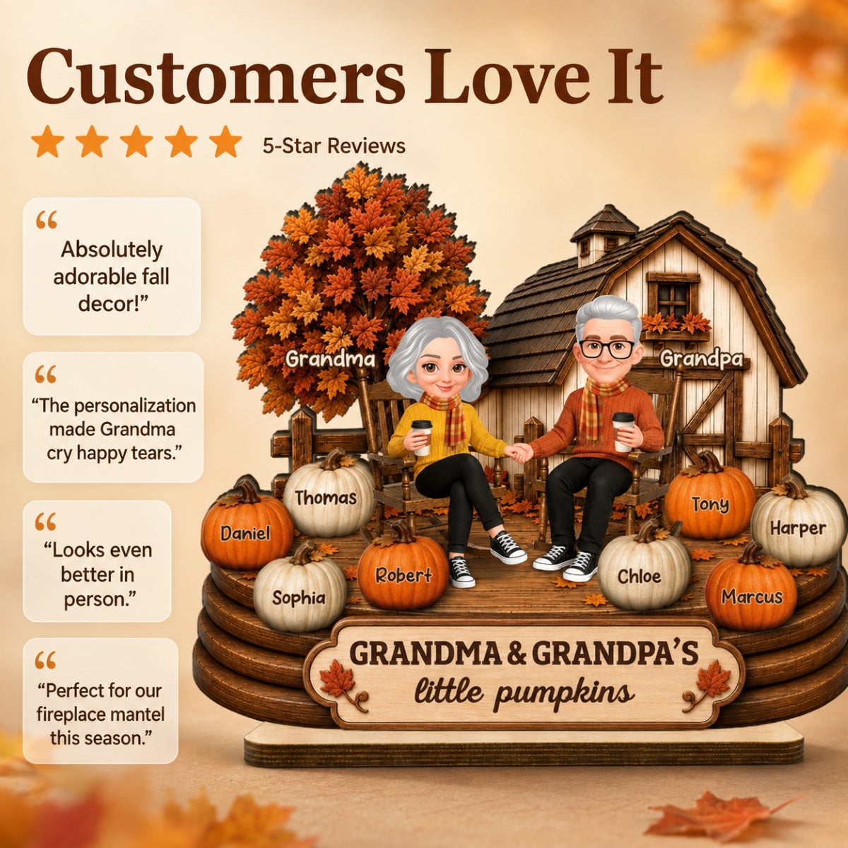 Fall Season Cozy Warm Farmhouse Style Grandma Grandpa Little Pumpkins - Personalized 2-Layered Wooden Plaque - Fall Decor For Grandparents