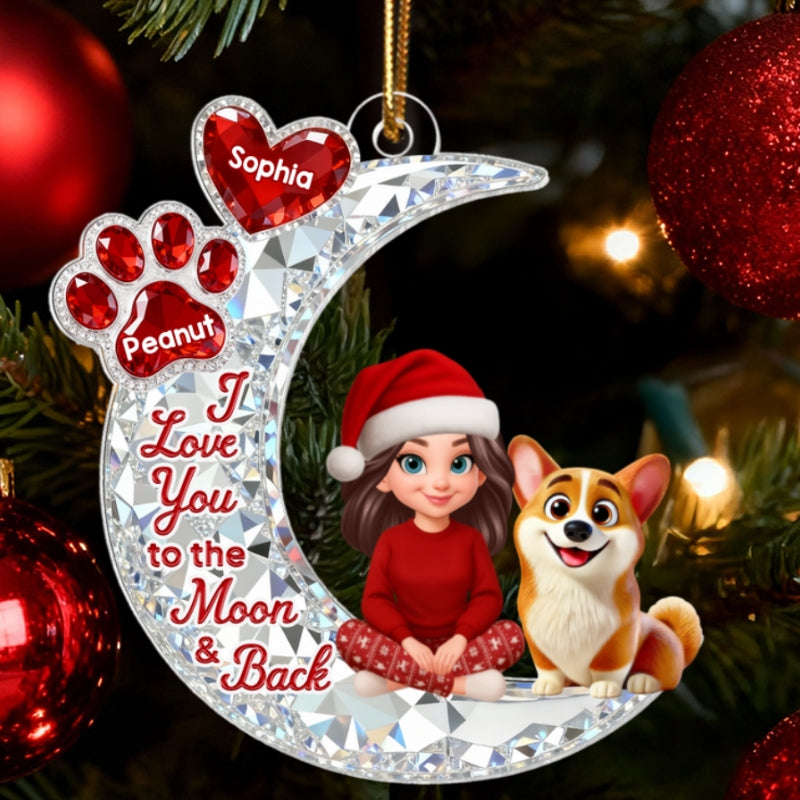 3D Effect Flat Woman And Dog Cat On Moon - Personalized Acrylic Ornament - Christmas Gift For Dog, Cat Lovers