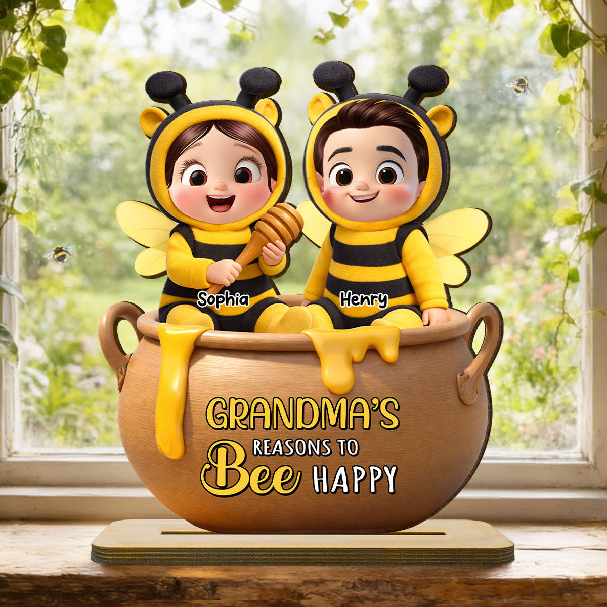 Grandma's Reasons to Bee Happy - Personalized 2-Layered Wooden Plaque - Heartfelt Mother's Day Gift for Grandma