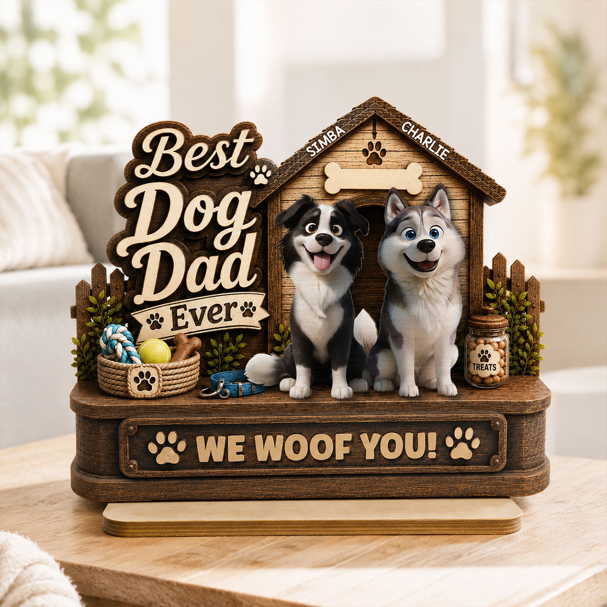 Best Dog Dad Ever Cute Dogs 2D Flat - Personalized 2-Layered Wooden Plaque -  Gift For Dog Dad