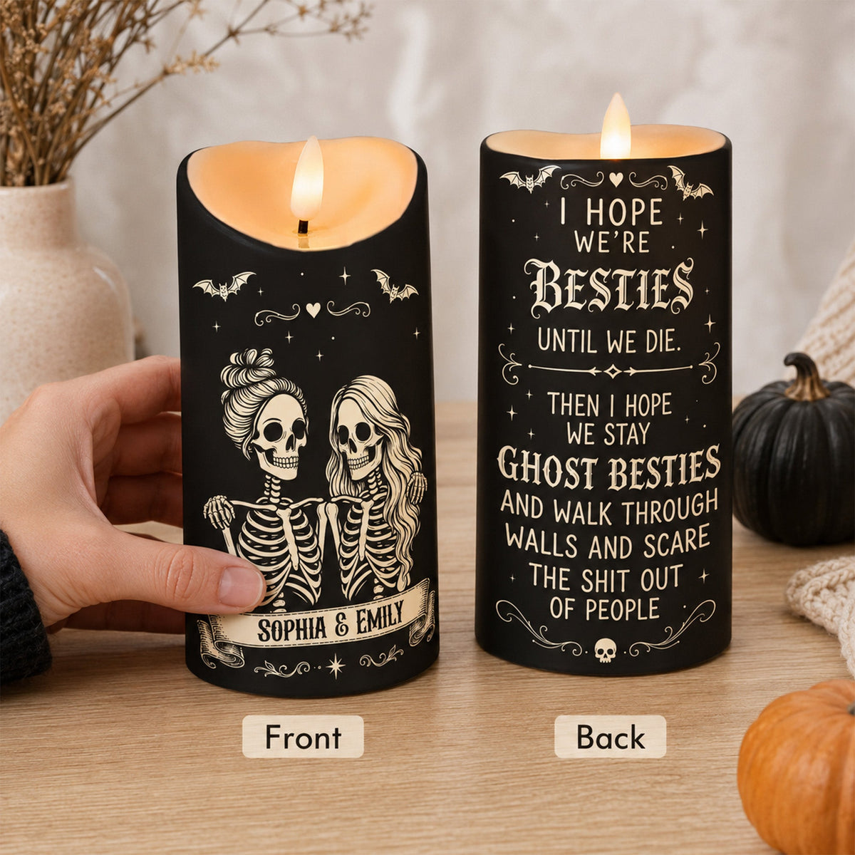 Skeleton Besties Until We Die - Personalized LED Candle - Funny Work Bestie Gift, Halloween Keepsake For Best Friends