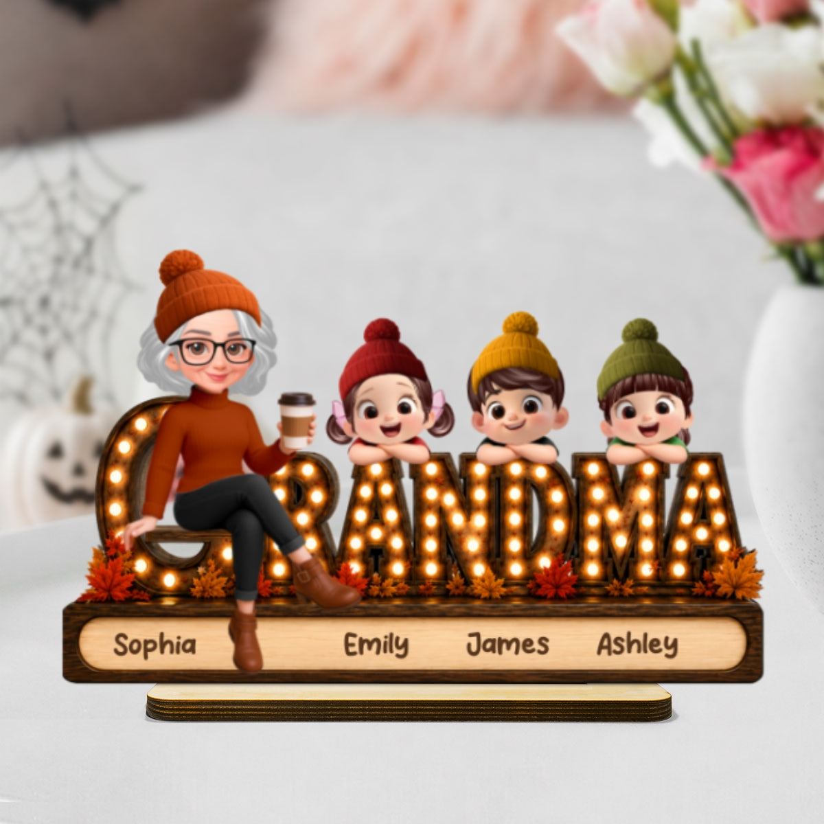 Grandma Grandkids Marquee 2D Flat - Personalized Wooden Plaque - Cozy Fall Season Gift