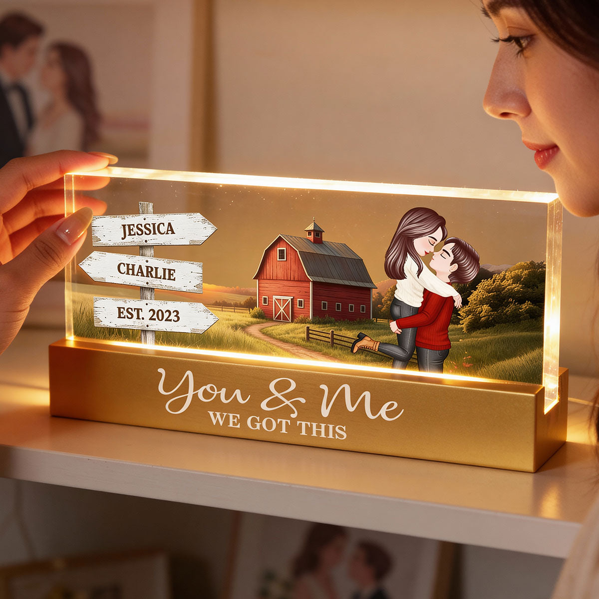 Rustic Nostalgia Red Barn House Sign Posts Couple Hugging Kissing Farmhouse Decor - Personalized Acrylic Block Plaque LED Night Light - Heartfelt Valentine, Anniversary Gift For Him, For Her
