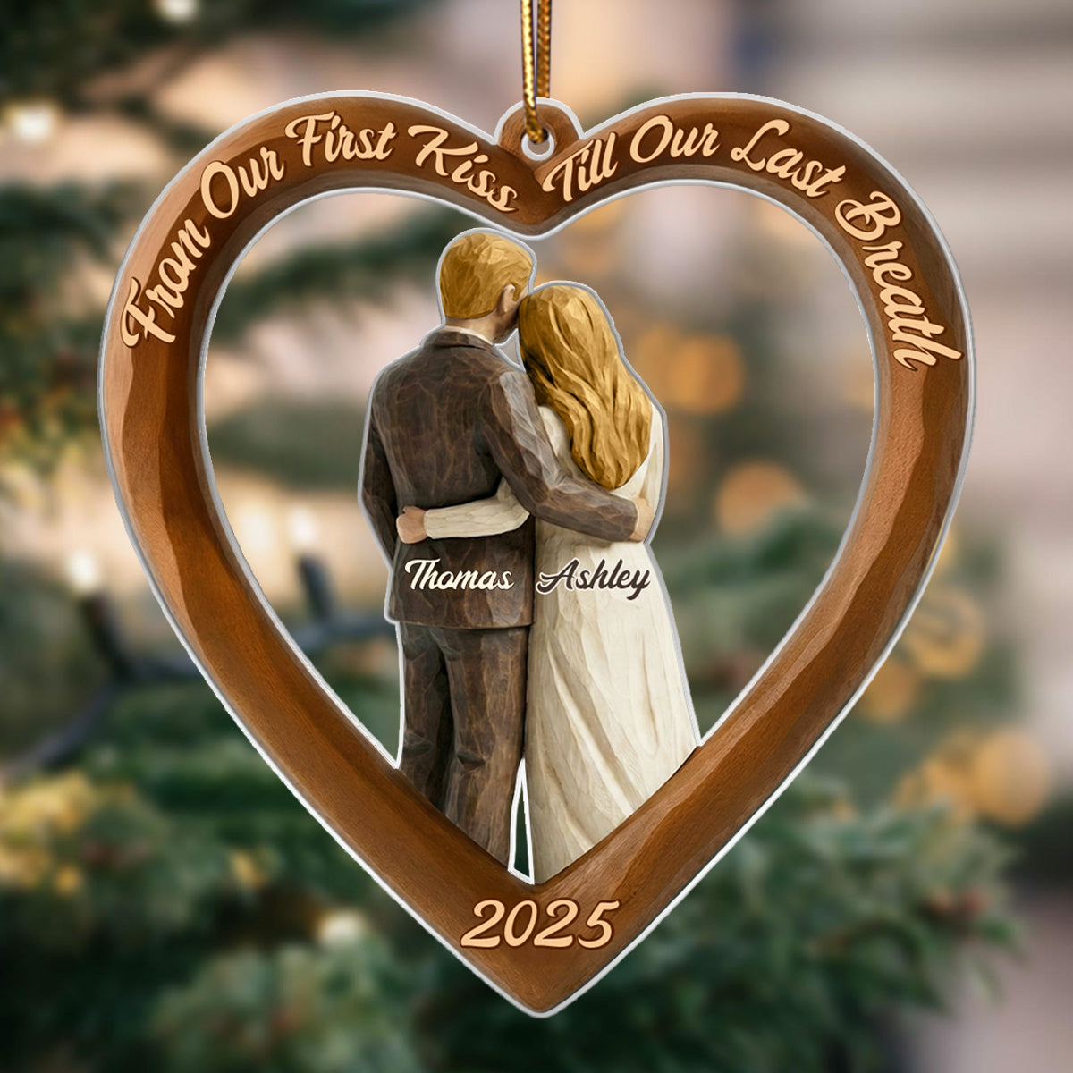Couple Heart Christmas Faux Wood - Personalized Acrylic Ornament - Unique Christmas Gift For Grandma, Grandpa, Old Couple