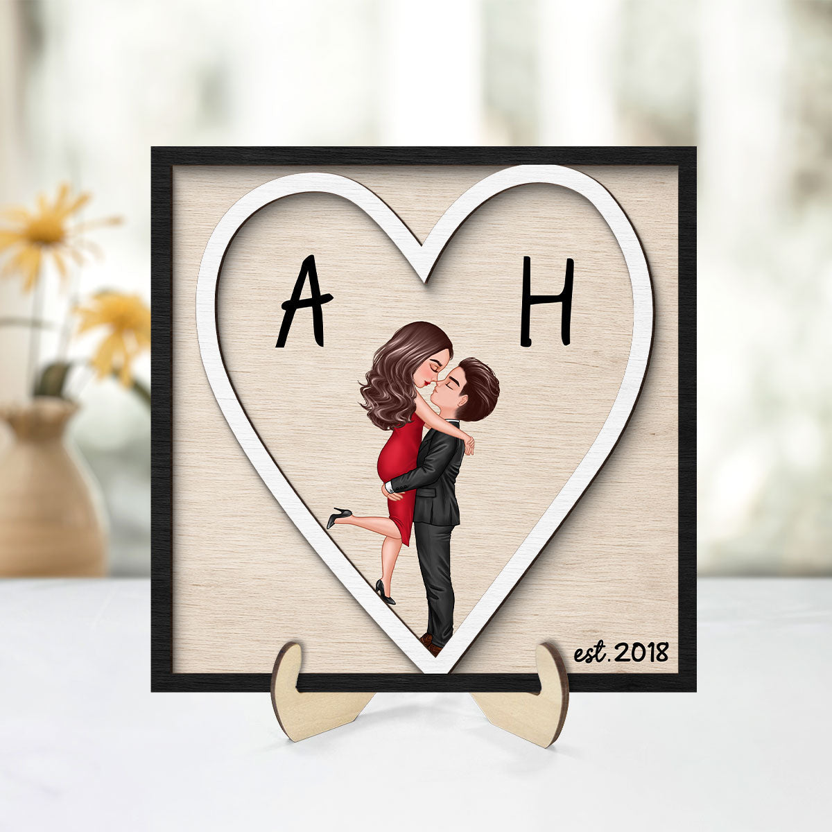 Initials Heart Sign - Personalized 2-Layered Wooden Plaque - Gift for Couple