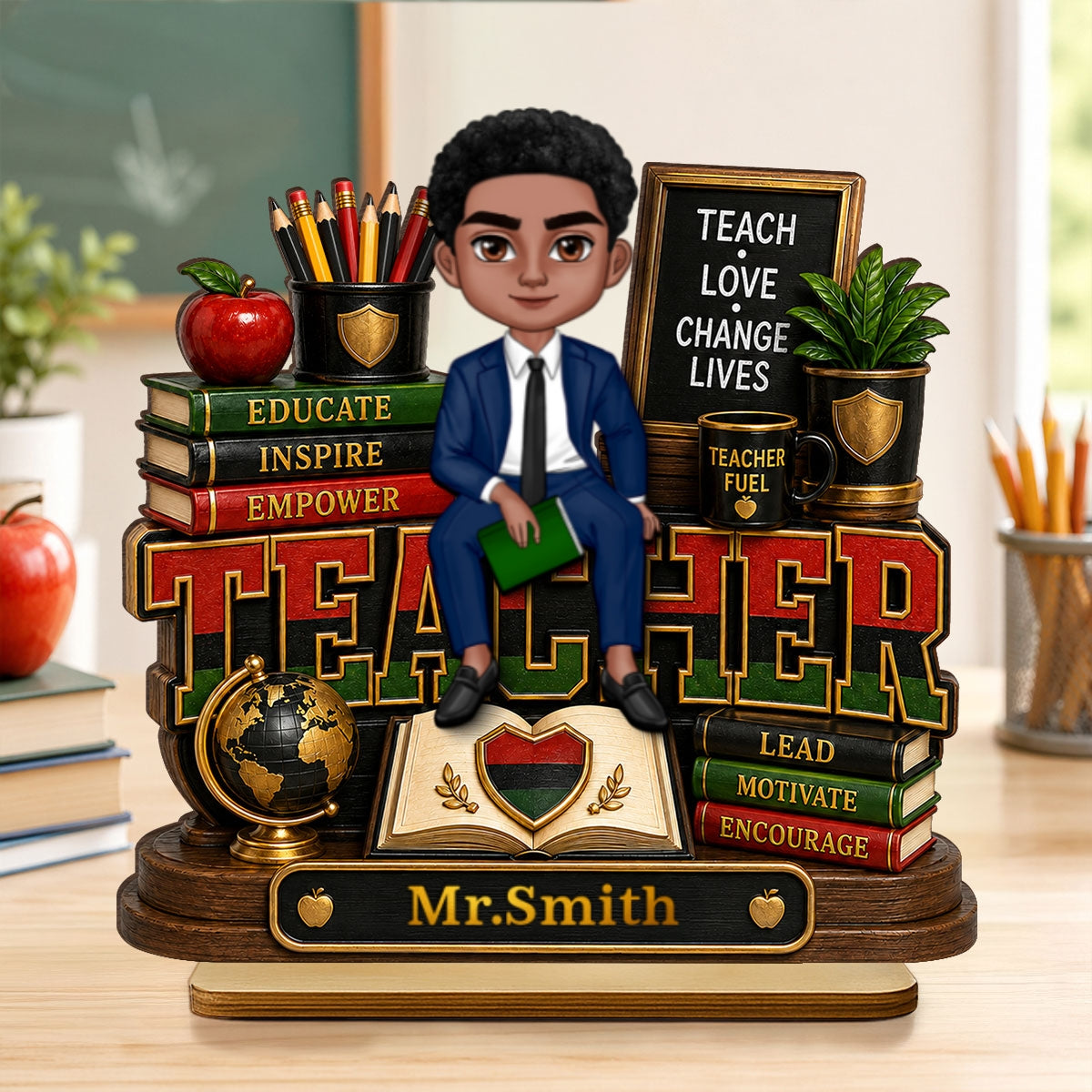 Teach Love Changes Life - Personalized 2-Layered Wooden Plaque - African American Male Teacher Appreciation Gift
