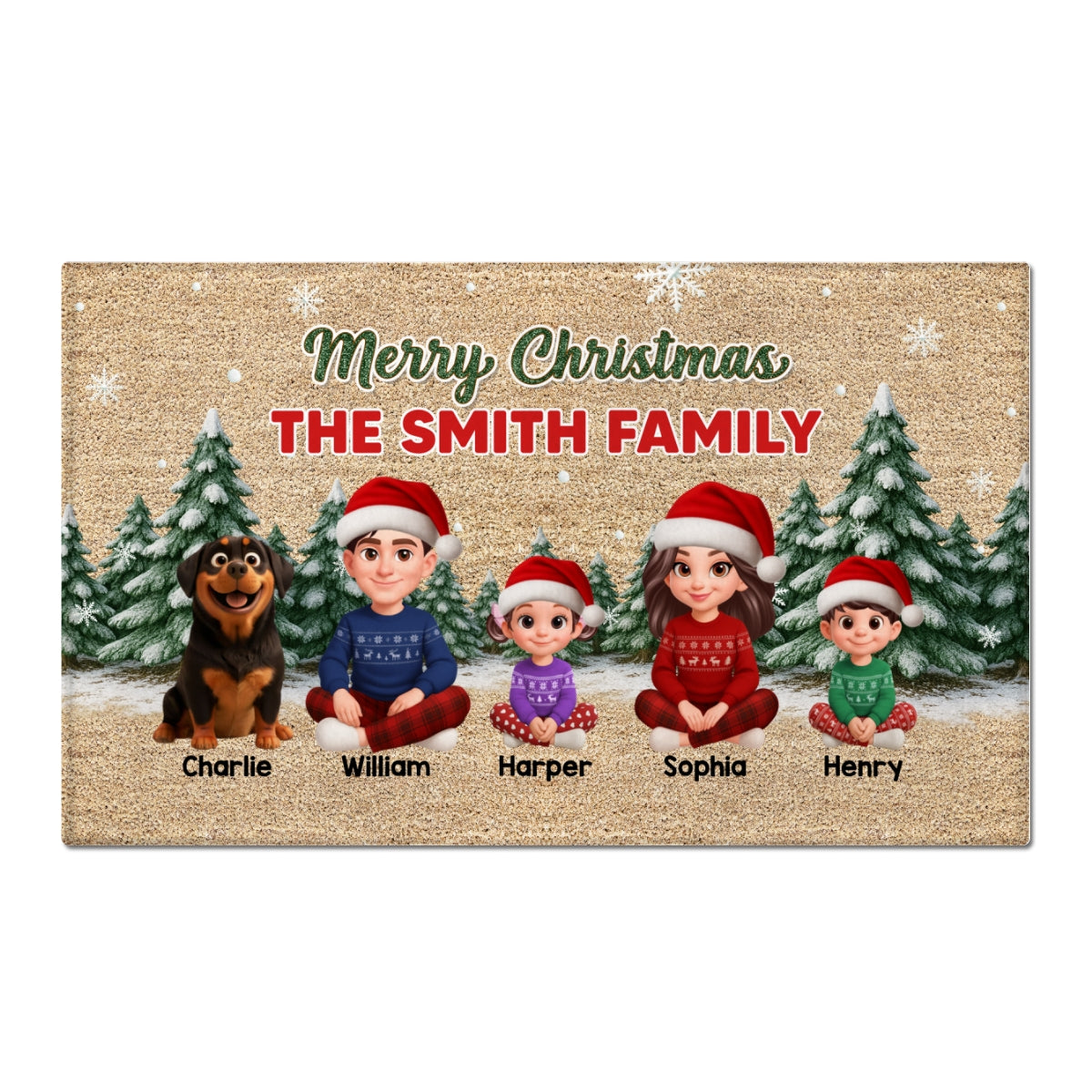 3D Effect Snowy Christmas Tree Beautiful Family Together Christmas - Personalized Doormat