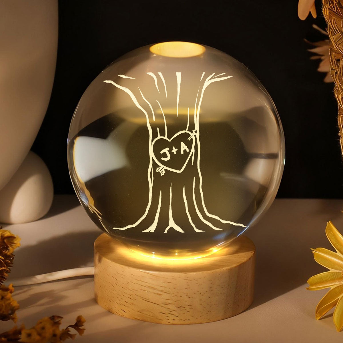 Eternal Love Couple Initial Names Heart Carved Tree - Personalized Crystal Ball LED Night Light - Valentine's Day Gift For Couple