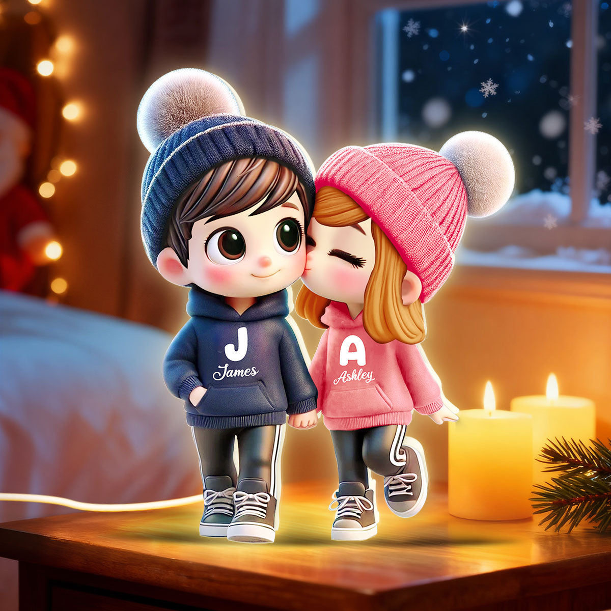 3D Effect Cute Cartoon Couple Walking - Personalized Light Box - Gift for Him, Gift for Her