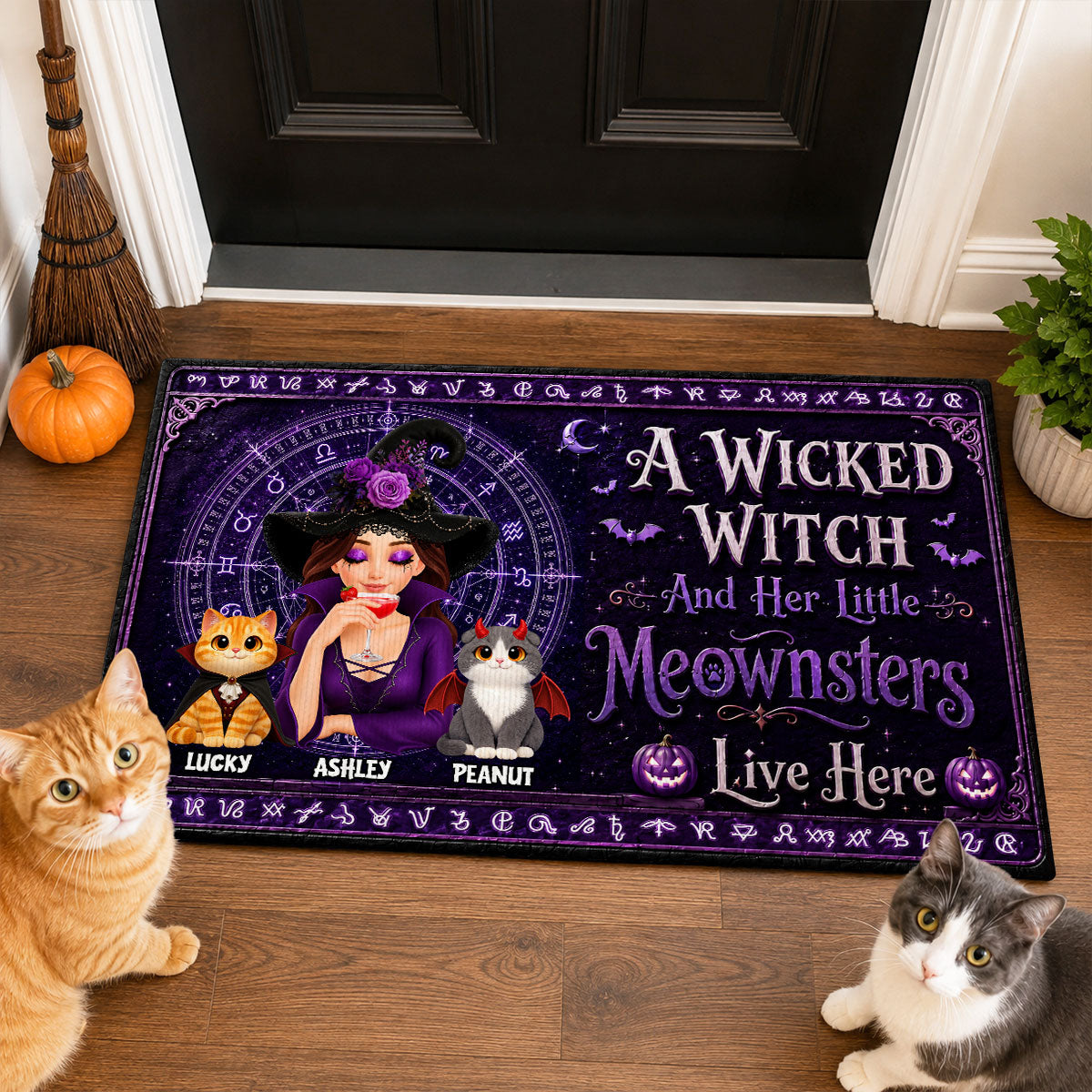 A Wicked Witch And Her Little Meownsters Live Here - Personalized Doormat - Halloween Decor Gift, Gift For Cat Lovers
