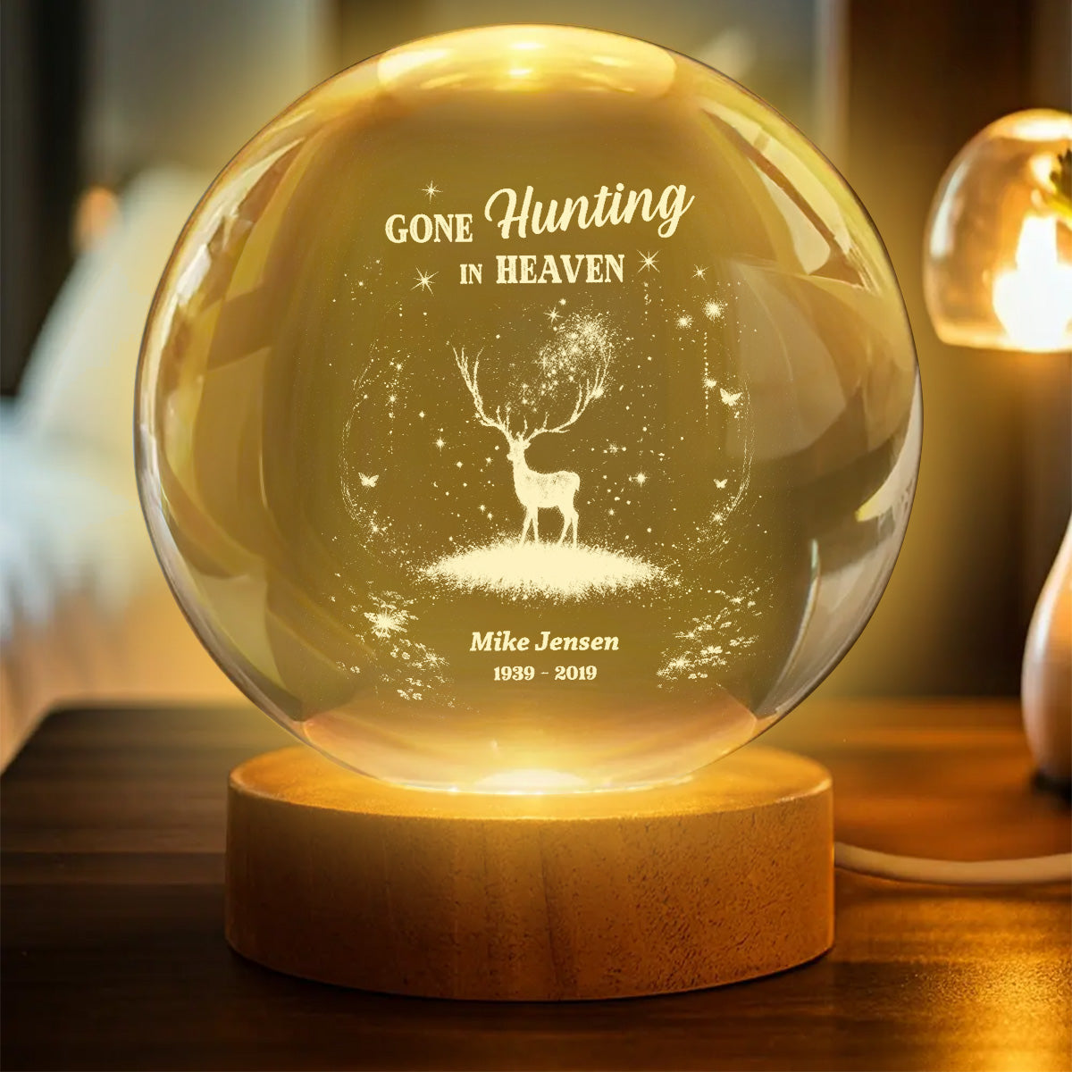 Gone Hunting In Heaven - Personalized Crystal Ball LED Night Light - Memorial Remembrance Keepsake For Hunting Lover