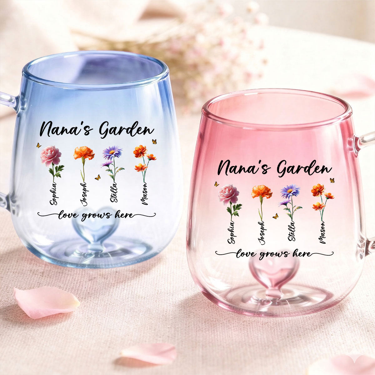 Grandma's Garden Love Grows Here - Personalized Glass Mug - Custom Birth Flowers, Mother's Day Gift for Mom, Grandma, Wife