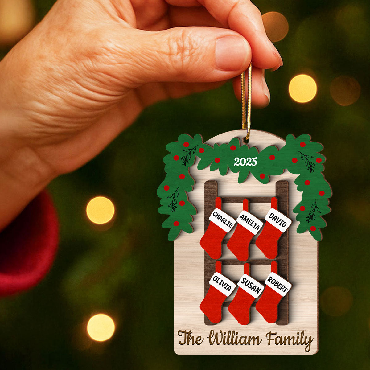 Family Names Ladder Stocking - Persnalized 3-Layered Wooden Ornament - Christmas Gift