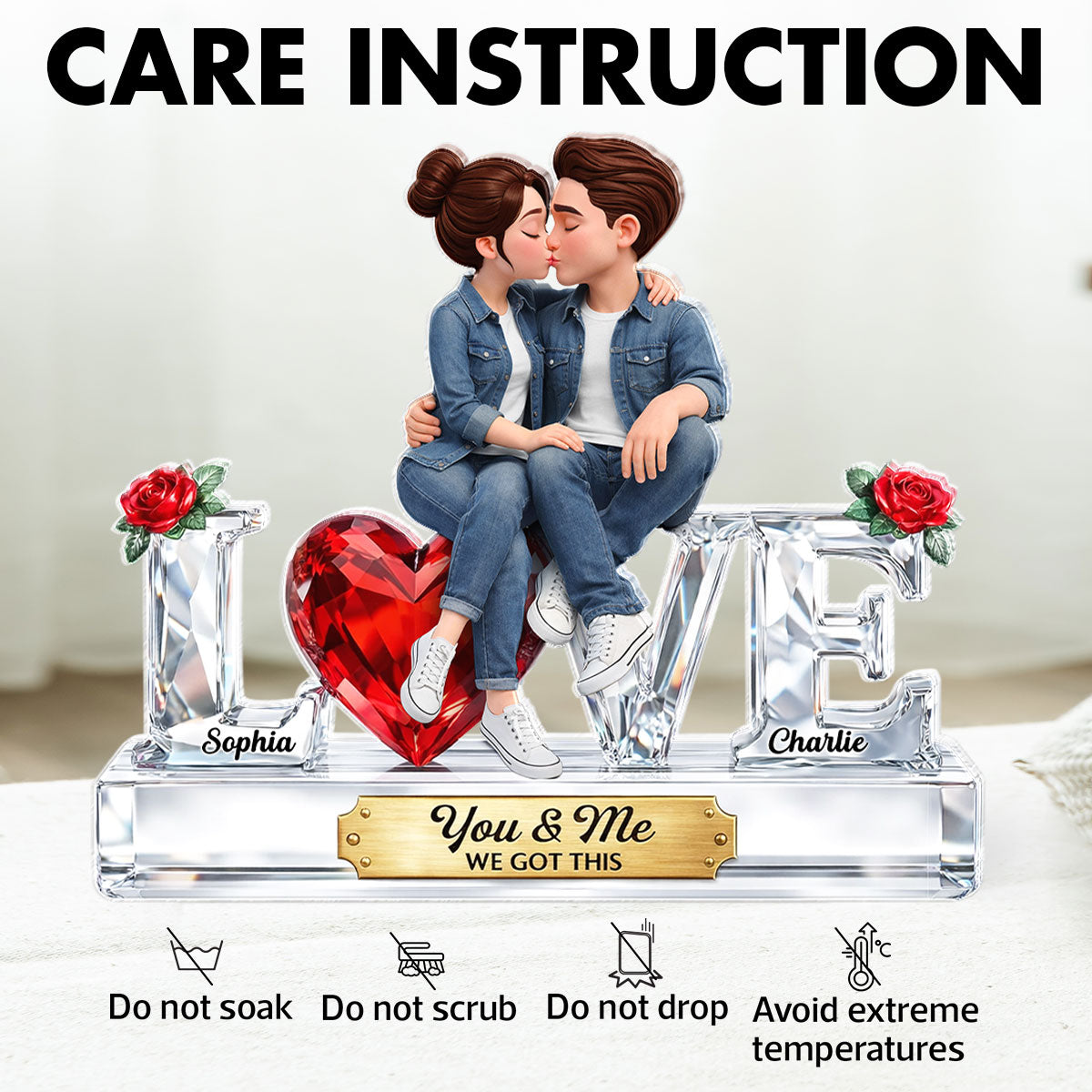 Couple Love 3D Crystal Effect - Personalized Acrylic Block Plaque - Heartfelt Valentine's Day Gift for Her, for Him
