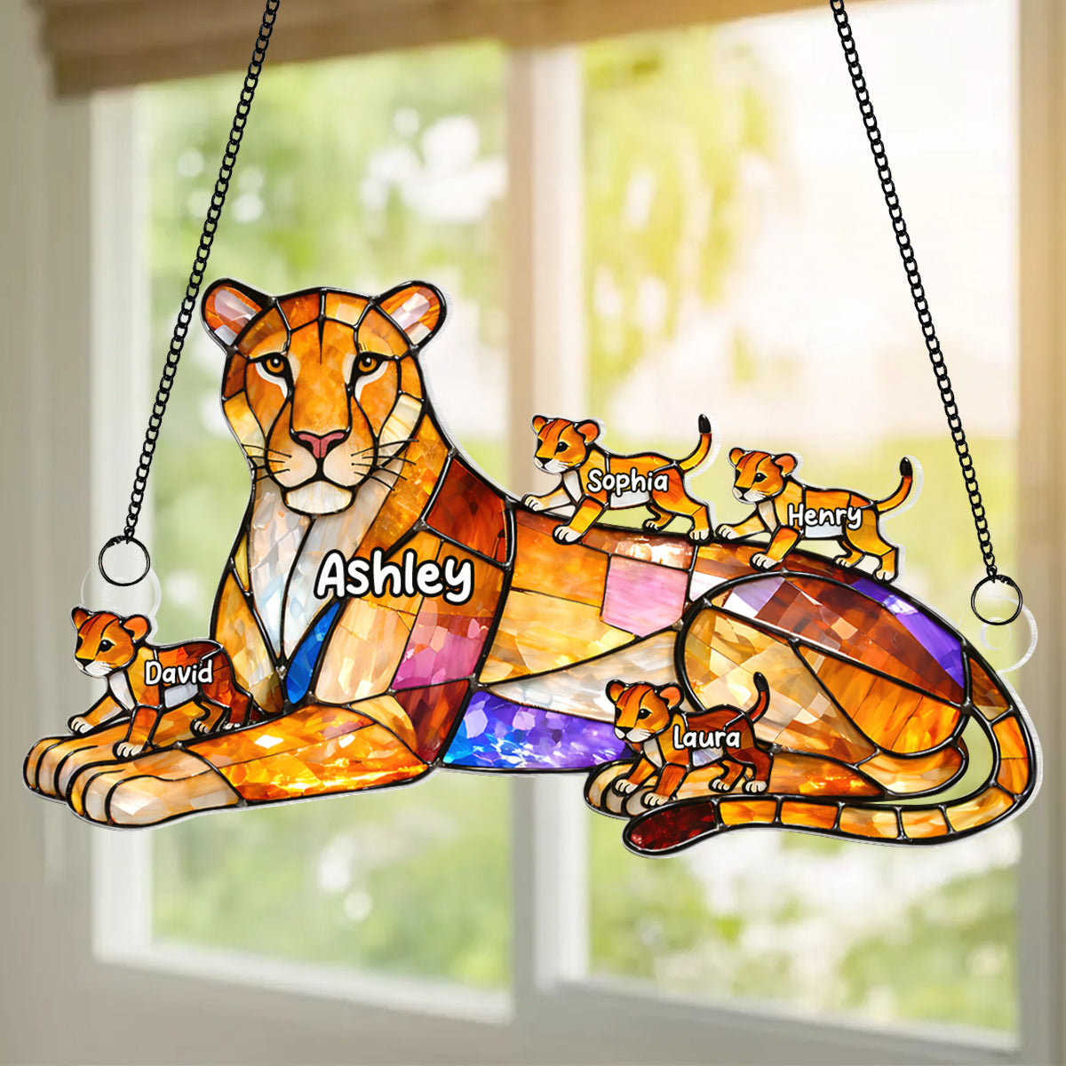 Lion Mom And Kids - Personalized Suncatcher - Gift For Mom, Grandma