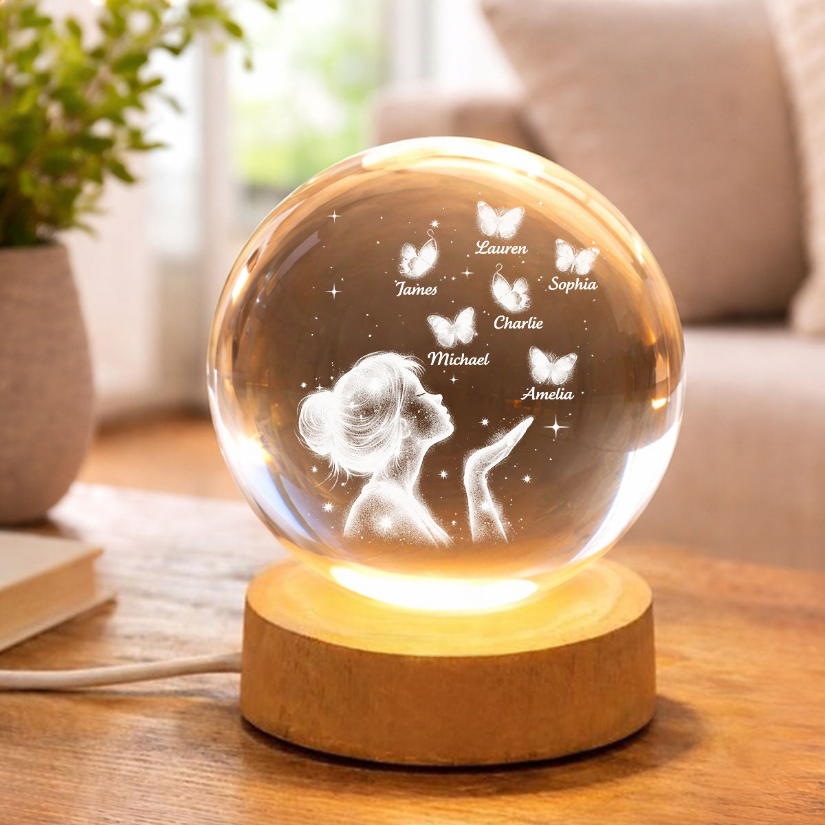 Grandma Mom Butterflies Kiss - Personalized Crystal Ball LED Night Light - Sentimental Gift for Grandma, Mom