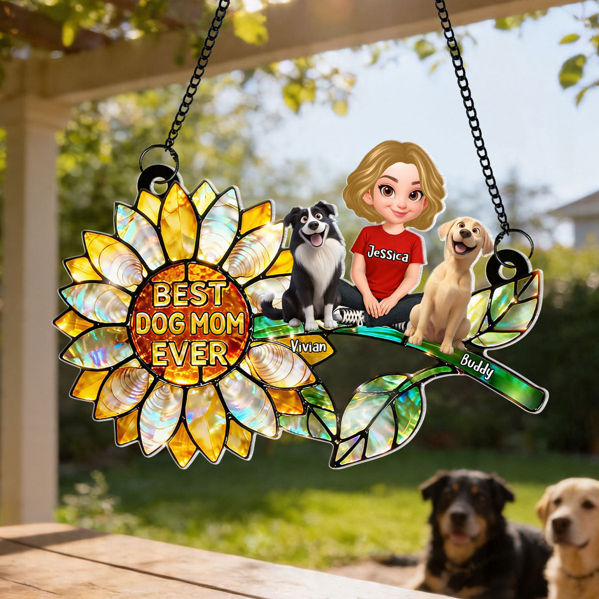 Sunflower Dog Mom and Dogs Sitting - Personalized Window Hanging Suncatcher - Mother's Day Gift for Mom, Wife