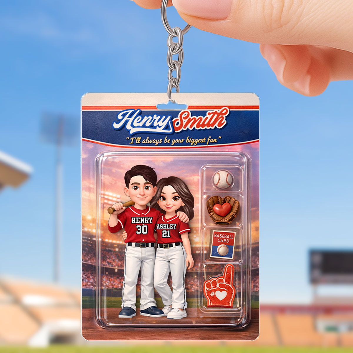 Baseball Couple I'll Always Be Your Biggest Fan Custom Action Figure - Personalized Acrylic Keychain - Sentimental Gift for Him