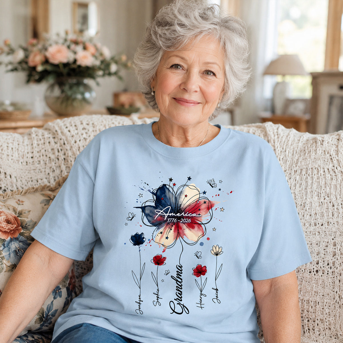 USA 250th Anniversary Floral Grandma - Personalized Shirt - Patriotic Gift for Grandma, Mom