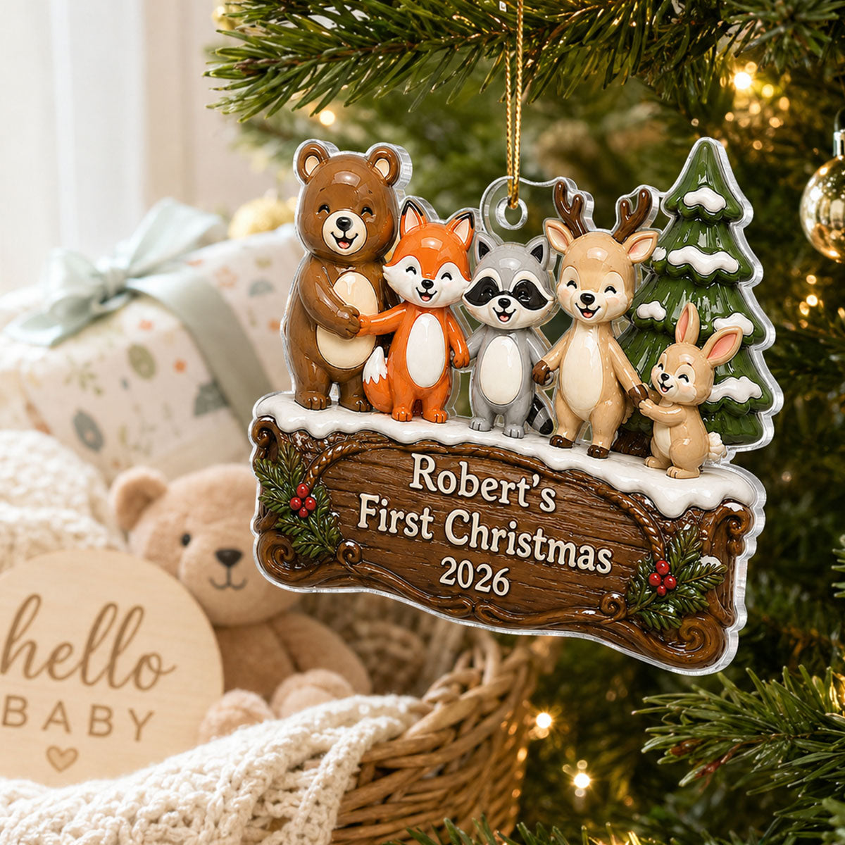 Happy Forever Woodland Animal Baby First Christmas - Personalized Acrylic Ornament - Gift for Newborn, New Parents Keepsake