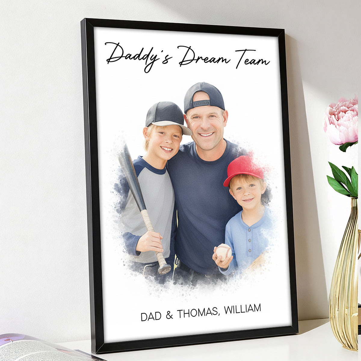 Watercolor Style Baseball Basketball Football Daddy's Dream Team - Personalized Poster - Father's Day Gift For Husband, Dad, Sport Dad