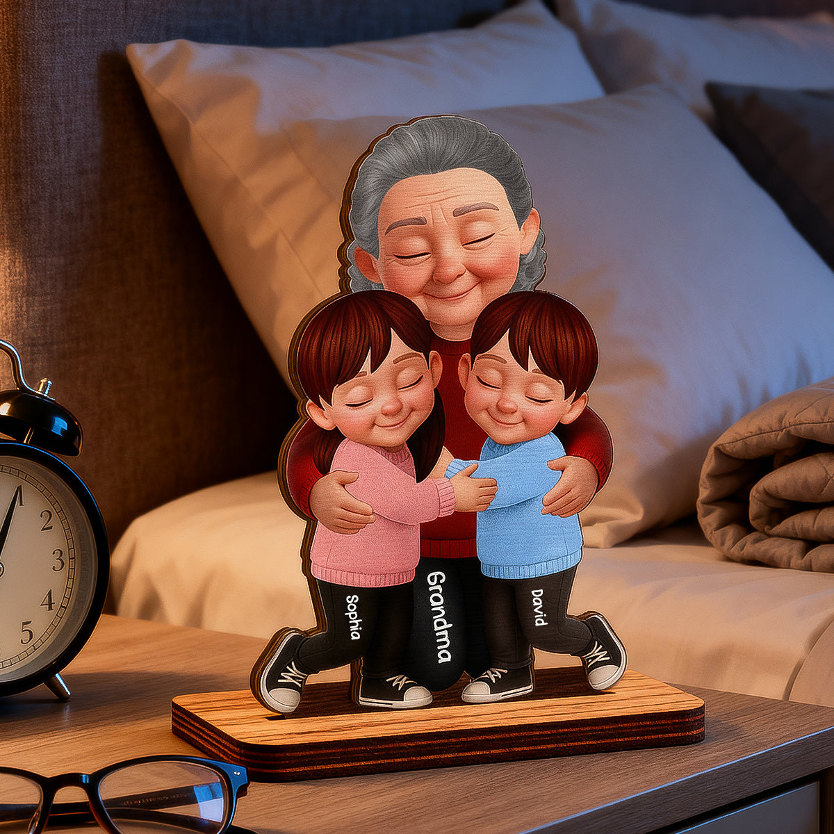 Grandma Hugging Grandkids - Personalized 2-Layered Wooden Plaque - Heartfelt Gift for Grandma