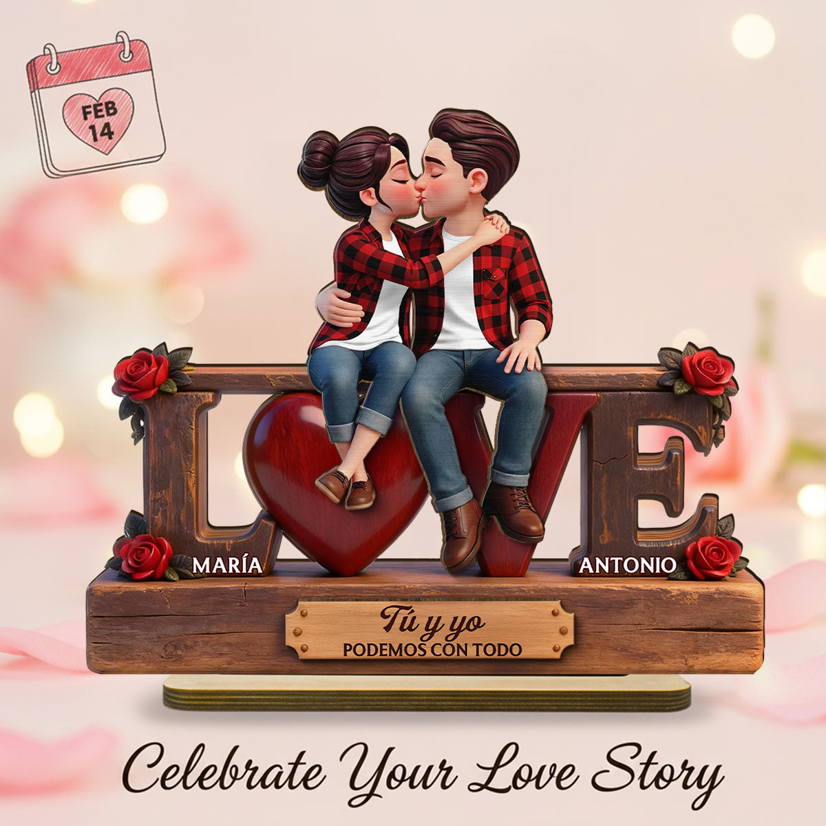 Roses LOVE Spanish Couple Sitting Kissing - Personalized 2-Layered Wooden Plaque - Heartfelt Gift For Couple
