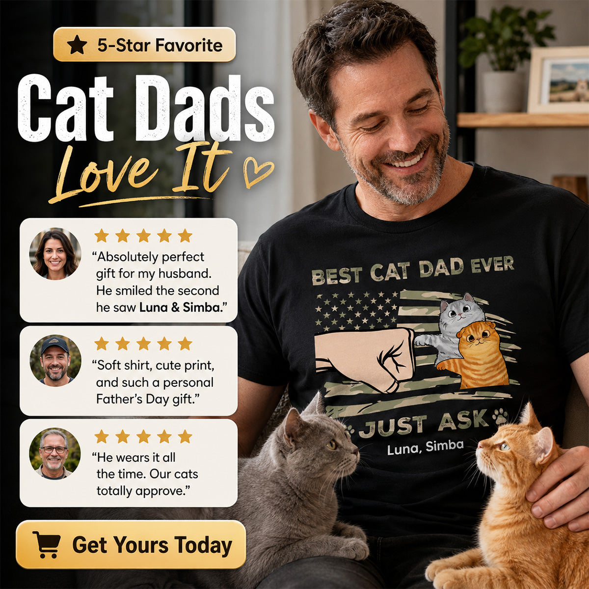Best Cat Dad Ever Nation Flag - Personalized Shirt - Father's Day Gift For Cat Dad, Patriotic 4th Of July Gift, USA 250th Anniversary