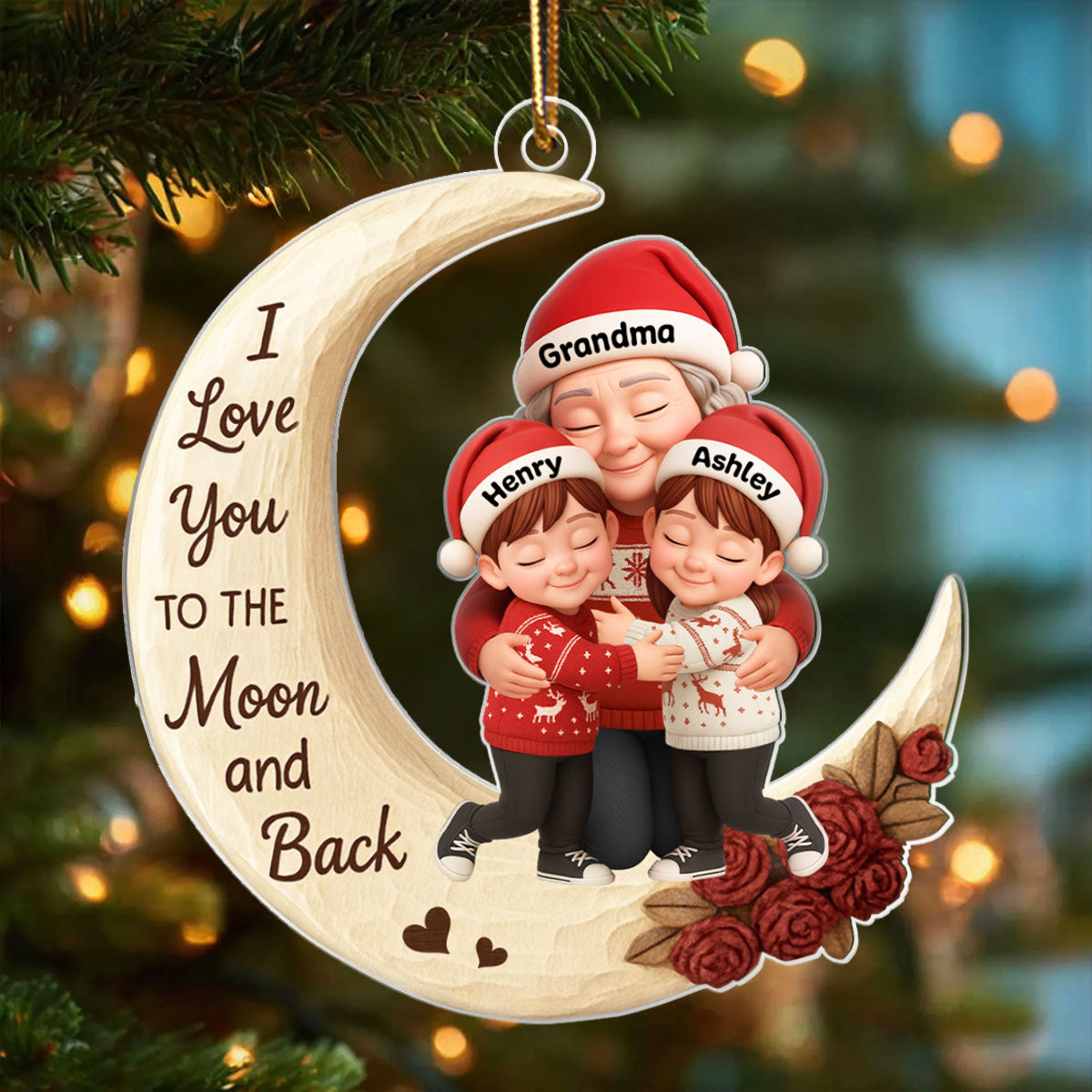 Grandma Grandkids Hugging on Moon 3D Wooden Effect - Personalized Acrylic Ornament - Christmas Gift for Grandma, Grandkids