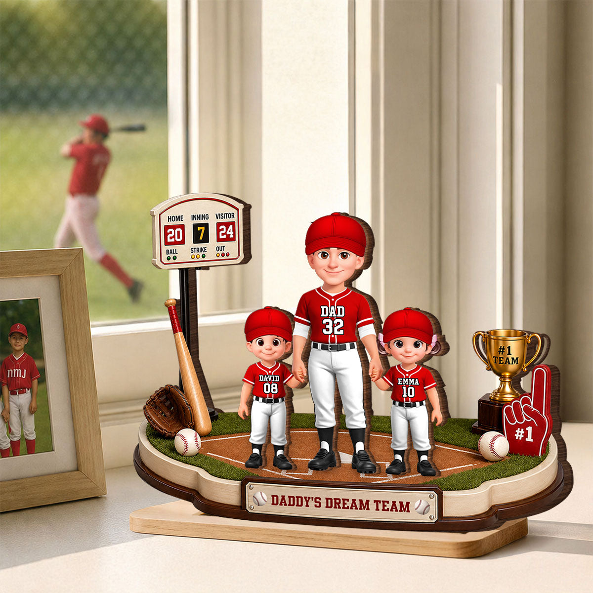 Daddy's Dream Team Baseball Dad Kids - Personalized 2-Layered Wooden Plaque - Heartfelt Gift For Baseball Dad, Gift For Husband