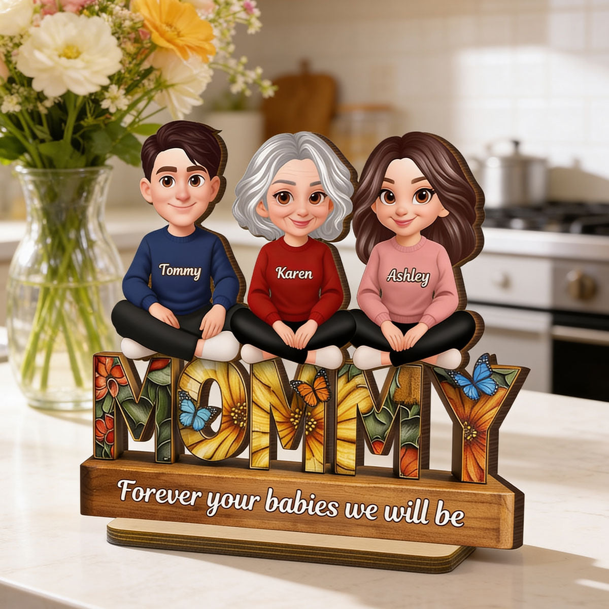 Mom Forever Your Babies We Will Be Butterfly Pattern - Personalized 2-Layered Wooden Plaque - Heartfelt Mother's Day Gift for Mom