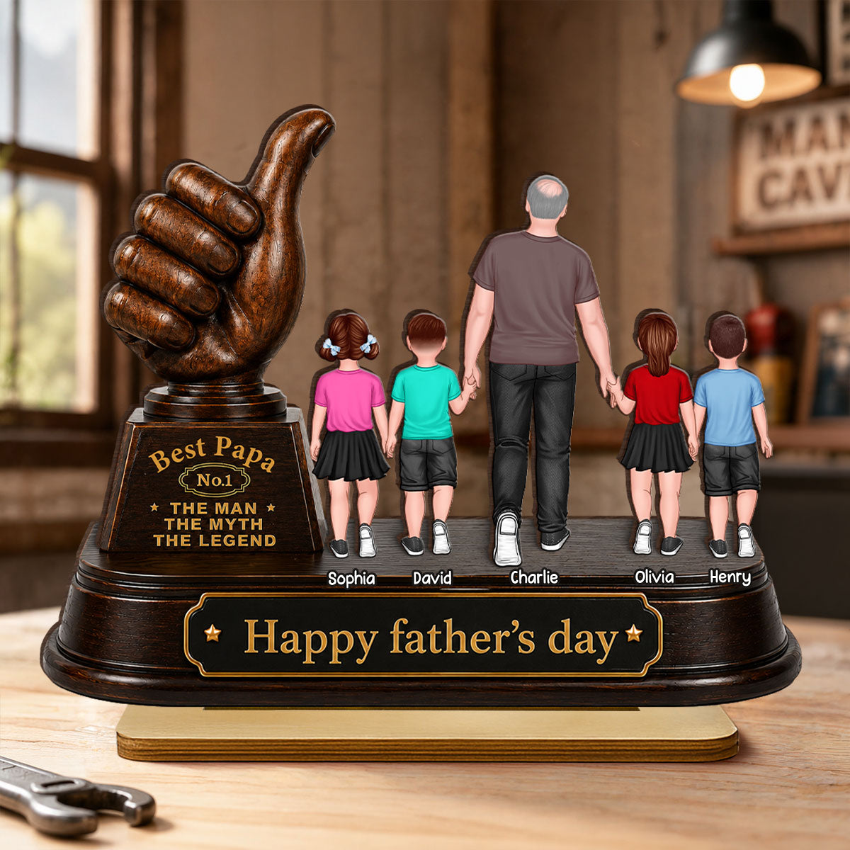 No. 1 Dad Grandpa Trophy - Personalized 2-Layered Wooden Plaque -  Gift for Dad, Husband