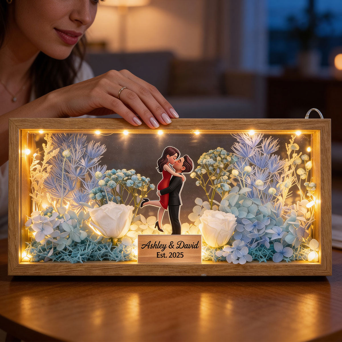 Romantic Couple Hugging Kissing - Personalized DIY Flower Shadow Box LED Night Light - Gift For Couple, For Him, For Her