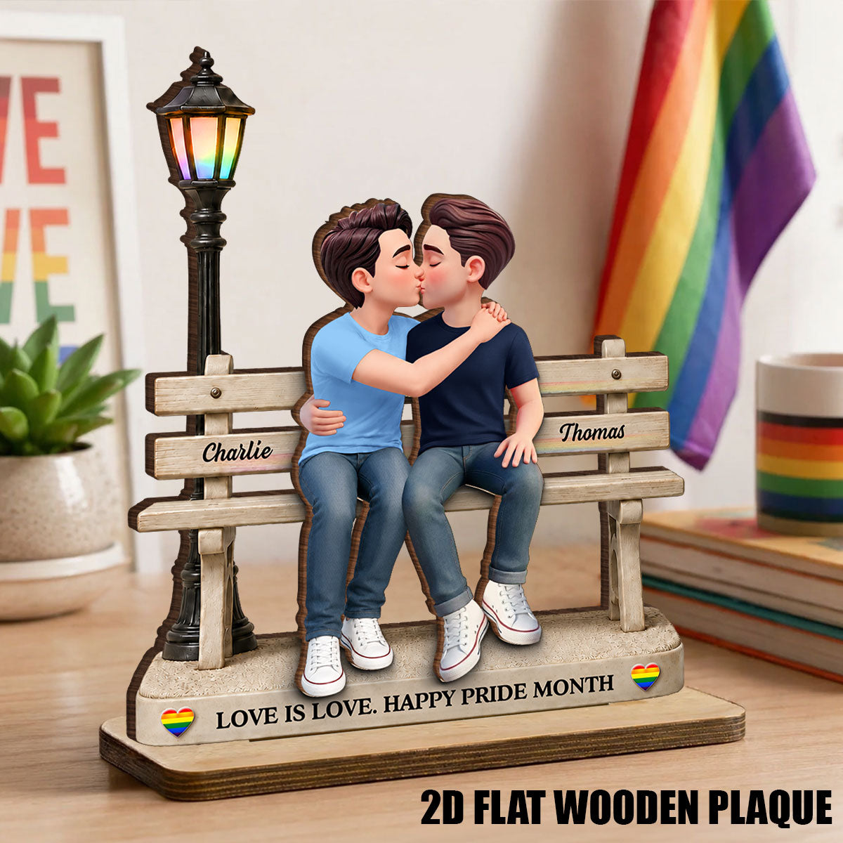 LGBT+ Couple Sitting On Bench - Personalized 2-Layered Wooden Plaque - Gift For Couple, Happy Pride Month