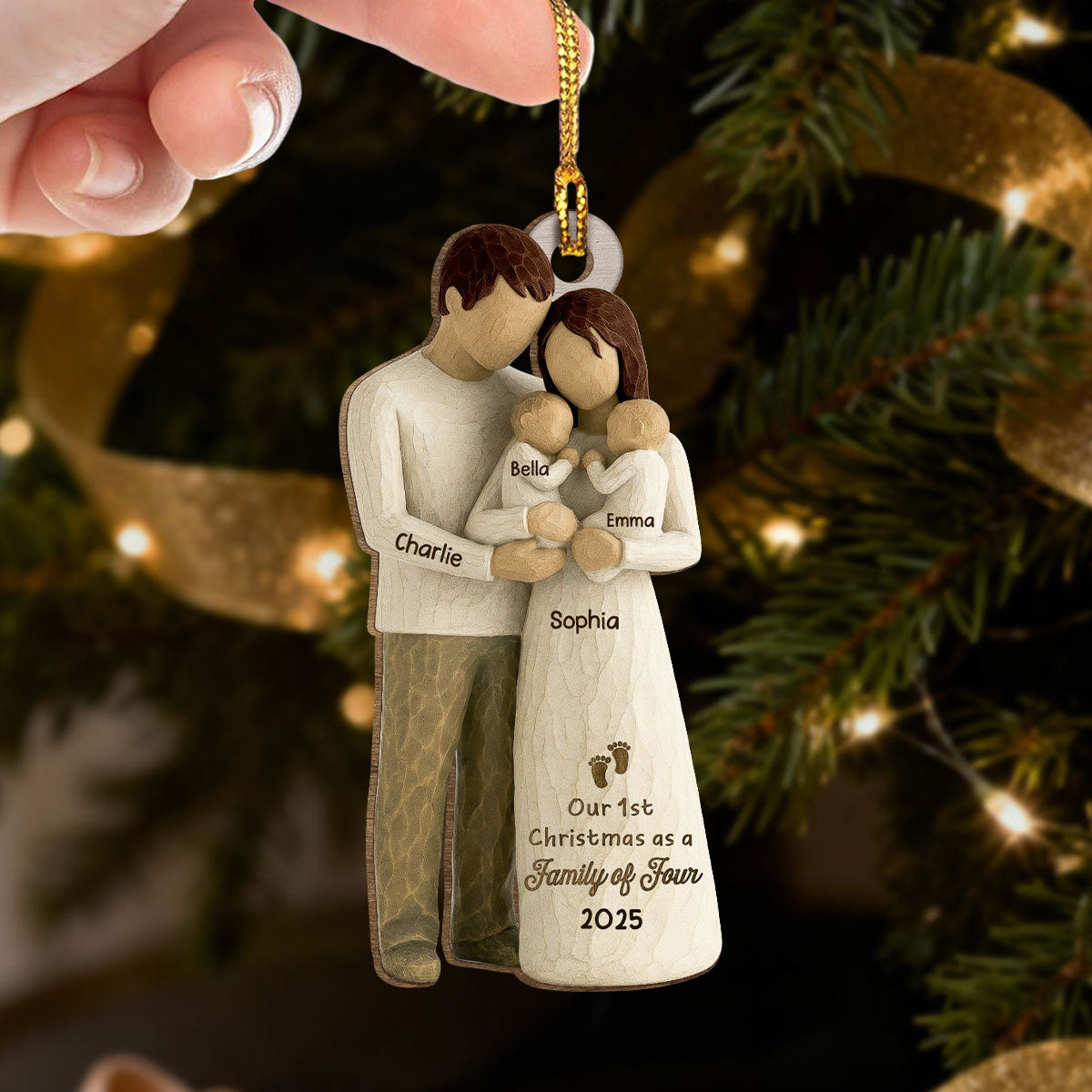 3D Effect First Christmas As Family Of Four Mom Dad & Twin Babies - Personalized Wooden Ornament