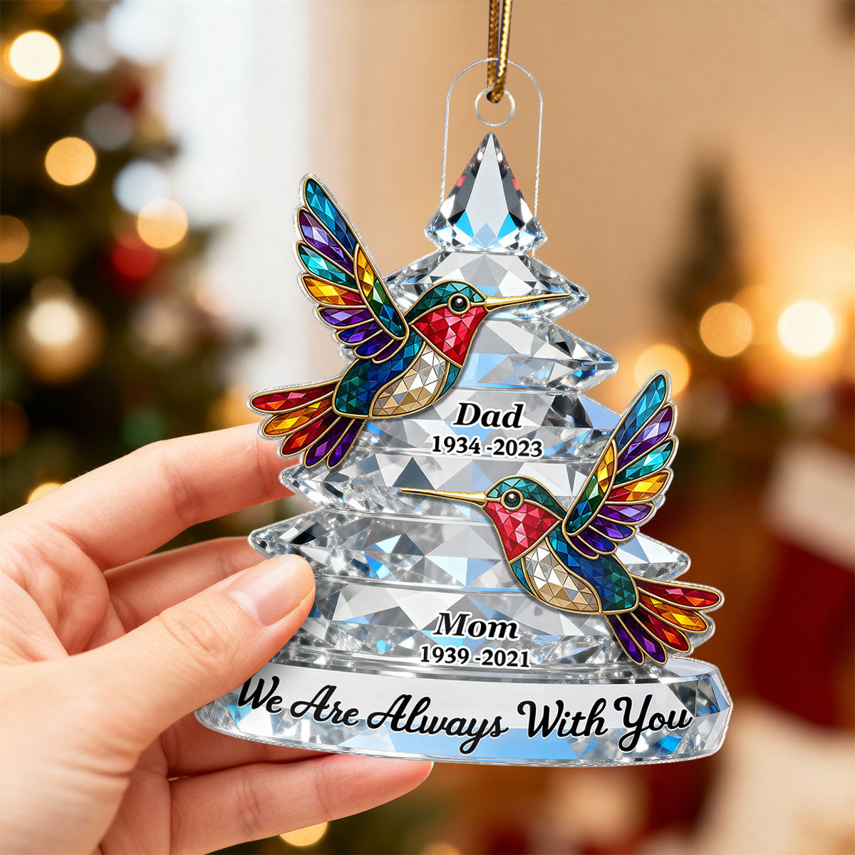 3D Effect Flat Memorial Christmas Tree Colorful Hummingbird - Personalized Acrylic Ornament - Remembrance Gift, Sympathy Gift
