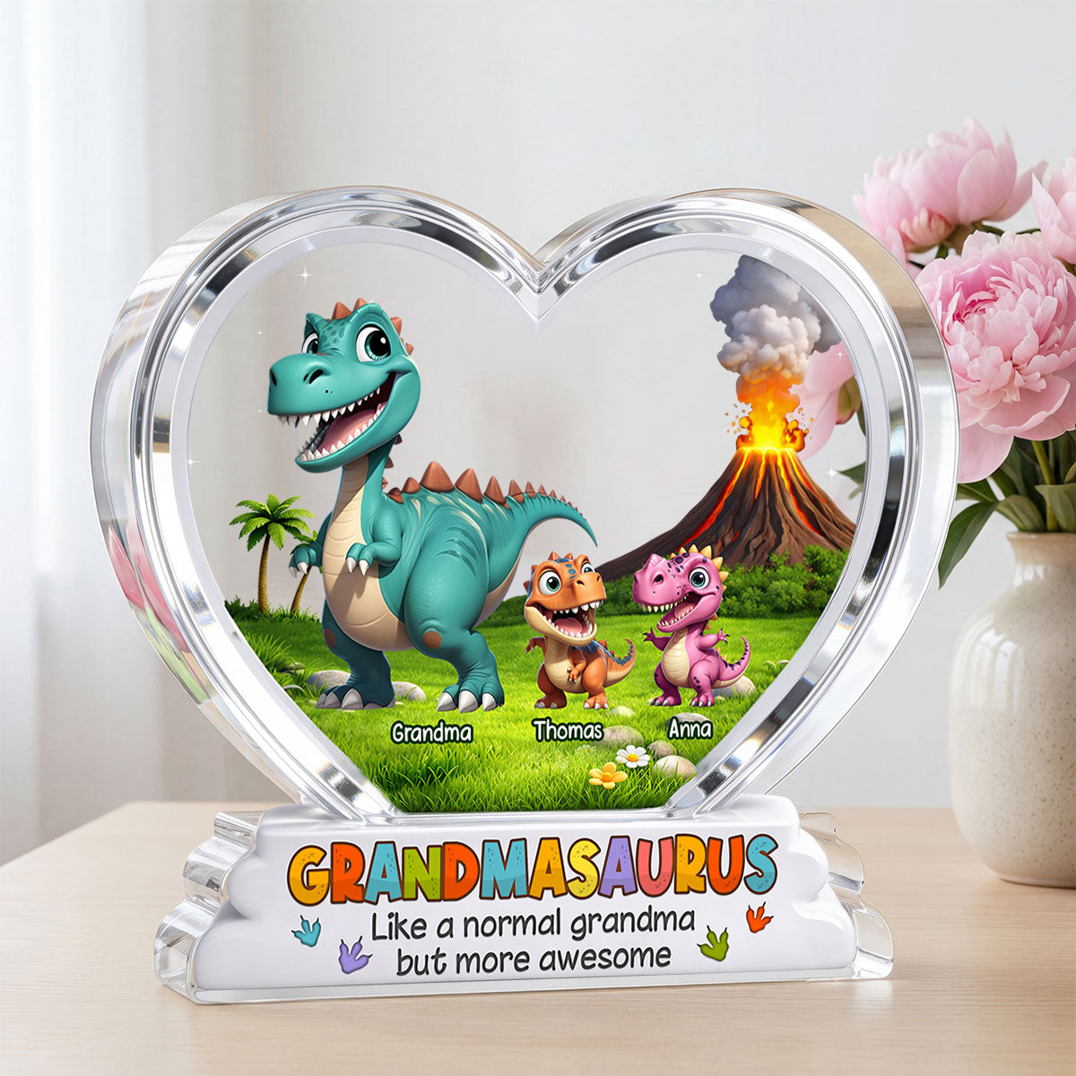 Grandmasaurus And Kids Cartoon Dinosaurs - Personalized Acrylic Block Plaque - Mother's Day Gift For Grandma