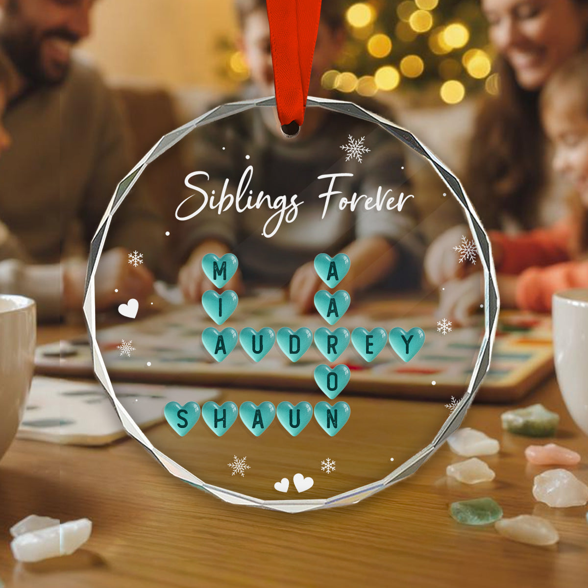Siblings Forever Heart Sea Glass 3D Inflated Effect Crossword Puzzle Art - Personalized Glass Ornament